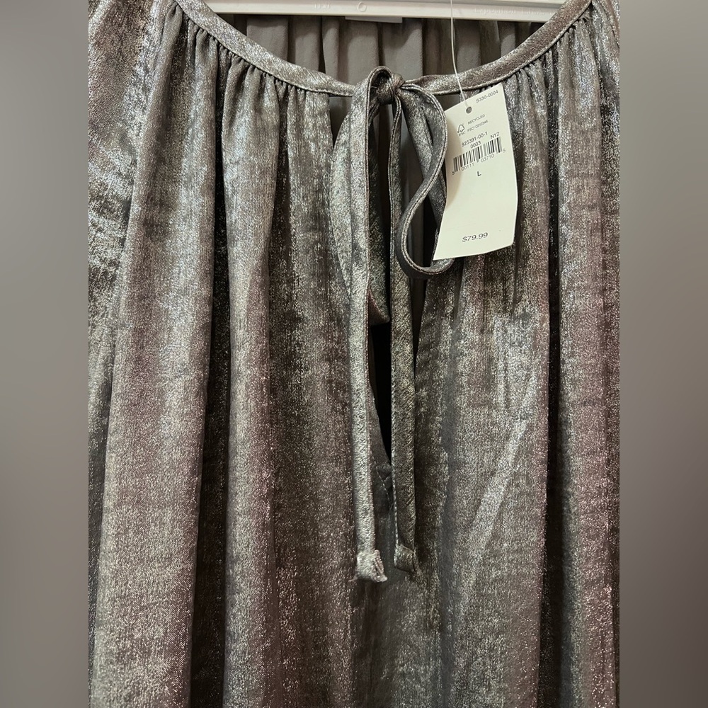 GAP Shiny Silver Long Sleeve Tie-Neck Dress size large Party Holiday Merallic - Picture 6 of 9